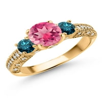 Zaručnički prsten od 18k srebrnog žutog zlata, ružičastog mističnog topaza, plavog dijamanta i bijelog moissanita za žene