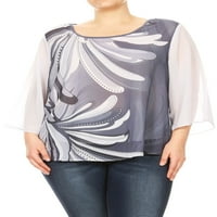 Žene Plus size apstraktni dizajn šifonska bluza s jednobojnim rukavima tunika Top siva 1 inča