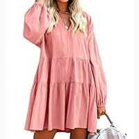 Rumenilo ružičasta haljina za žene, lepršava haljina s izrezom u obliku slova B, haljina do koljena, široke haljine, ljetne haljine