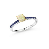 Kralj dragulja 0. Ovalni kabochon Karat, bijeli Etiopski opal, Plavi safir, prsten od bijelog zlata od 10 karata sa zupcima od žutog