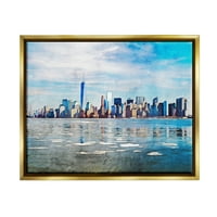 Stupell udaljeni New York City Skyline zgrade putovanja i mjesta slikanje zlatnog plutača uokvirenog umjetničkog tiska zid umjetnosti