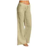 Ženske modne ženske casual pamučne lanene hlače s elastičnim elastičnim strukom i vezicama, duge široke hlače, Ženske hlače u bež
