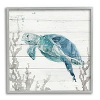 Stupell Industries Plivanje morske kornjače Coral Beach Place Design Grafička umjetnost siva uokvirena umjetnička print zidna umjetnost,