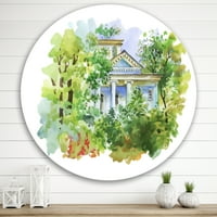 Dizajnerska umjetnost Bijela kuća u zelenoj šumi u tradicionalnom kružnom metalnom zidnom stilu-disk od 29