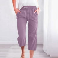 Ženske pamučne lanene hlače visokog struka širokih nogavica s vezicama Ležerne široke jednobojne hlače s džepovima
