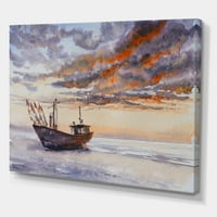 Dizajnerska umjetnost drveni ribarski brod na Baltičkoj obali s večernjim oblacima, zidni otisak na platnu u nautičkom i obalnom