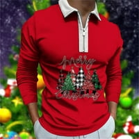 Božićna Muška ležerna majica s reverom s printom dugih rukava, labava sportska košulja s reverom, crvena