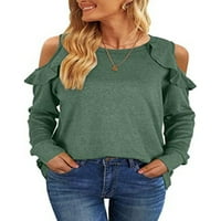 Ženska majica bez ramena majica s volanima ležerna tunika za vikend bluza labavi pulover u punoj boji zelena majica