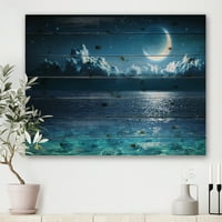 DesignArt 'romantični mjesec i oblaci preko dubokog plavog mora I' nautički i obalni tisak na prirodnom borovom drvetu