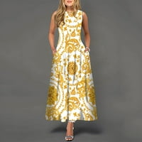 Haljina za žene, Ženska ležerna haljina s printom s velikim rubom, duga haljina bez rukava s okruglim vratom, zlatna