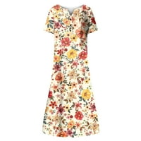 Haljine za žene cvjetna ženska sunčana haljina srednje duljine kratkih rukava s okruglim vratom ljetna ležerna sunčana haljina bež