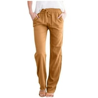 Ženske uske hlače od pamuka i lana u donjem dijelu leđa s elastičnim pojasom, Ležerne hlače s džepovima, narančasta U donjem dijelu