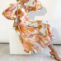 Ženska proljetna ležerna duga haljina s izrezom i printom u obliku slova u, haljina A kroja s dugim rukavima, boho modna blagdanska