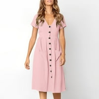 Seksi haljine za žene kratkih rukava jednobojna haljina za plažu do koljena Ženska ljetna haljina visokog struka ružičasta;